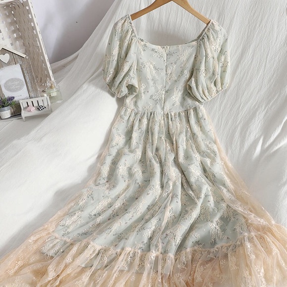 Dress Floral lace combo puff sleeve elegant womens green ruffle - Picture 15 of 16